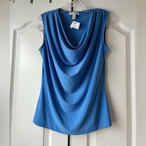 dressbarn Blue Sleeveless Drape Neck Blouse